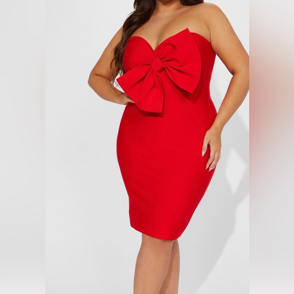 Fashion Nova Strapless Red Dress with Bow